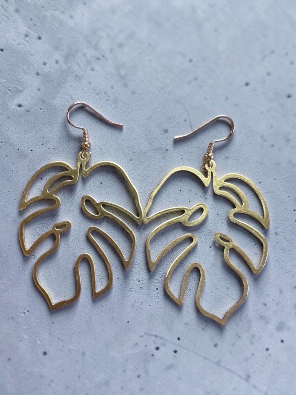 Gold Tortoise Leaf Earrings Brass Oversized Tropical Statement Dangle 3"